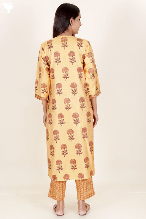 Tussar Cotton Kurta Pant And Dupatta Set In Floral Block Print